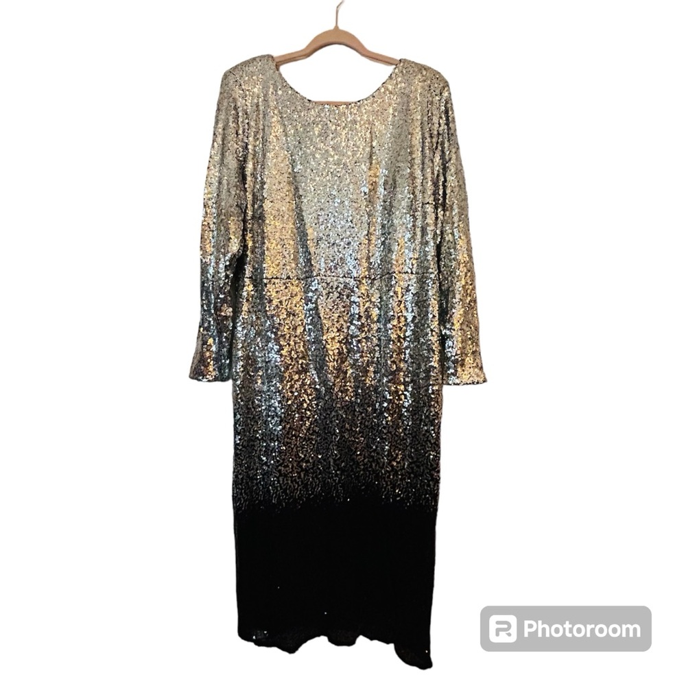 NWT Eloquii Ombre Sequin Shimmery Maxi Dress Silver & Black Long Sleeve Plus